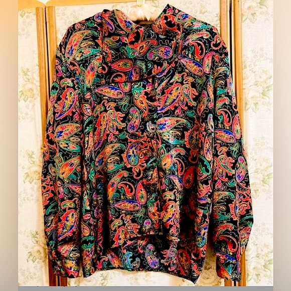 Vintage 80s Black and Rainbow Psychedelic Paisley Blouse Top - Picture 4 of 7